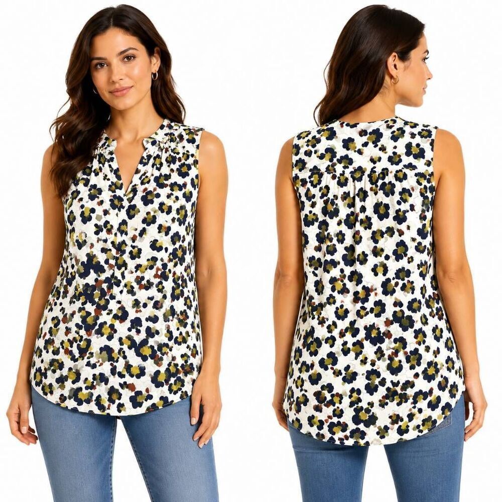 Cabi Sleeveless Floral Blouse Small Ruffle Neck Top